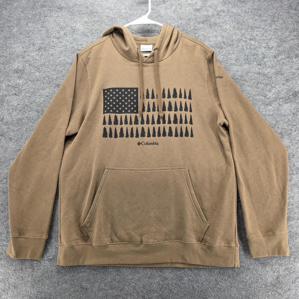 Columbia Hoodie Mens L Brown Pullover Hooded Pockets Graphic Fleece Drawstring